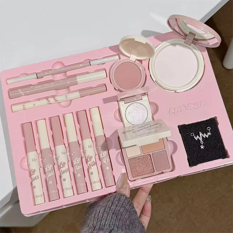 💄 Kit Completo de Maquiagem com 13 Itens: 4 Glosses Labiais, Óleo Labial, Creme Labial, Delineador, Máscara de Cílios, Caneta para Sobrancelhas, Blush, Iluminador, Paleta de Sombras e Pó Compacto. ✨