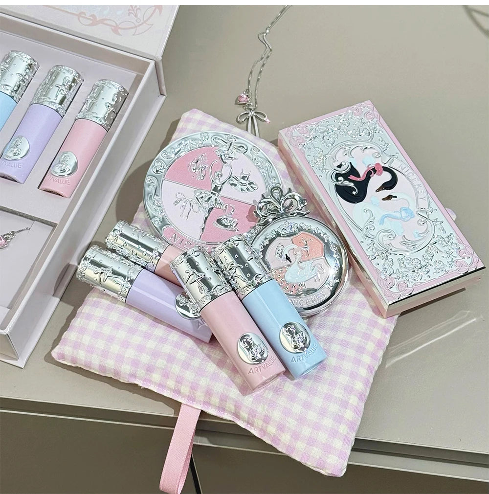 Kit de Maquiagem NICEKEY Pink Ballet Completo com 4 Batons Líquidos Matte, Blush, Pó Compacto, Paleta de Sombras, Paleta de Contorno e Colar Brinde. 💄✨