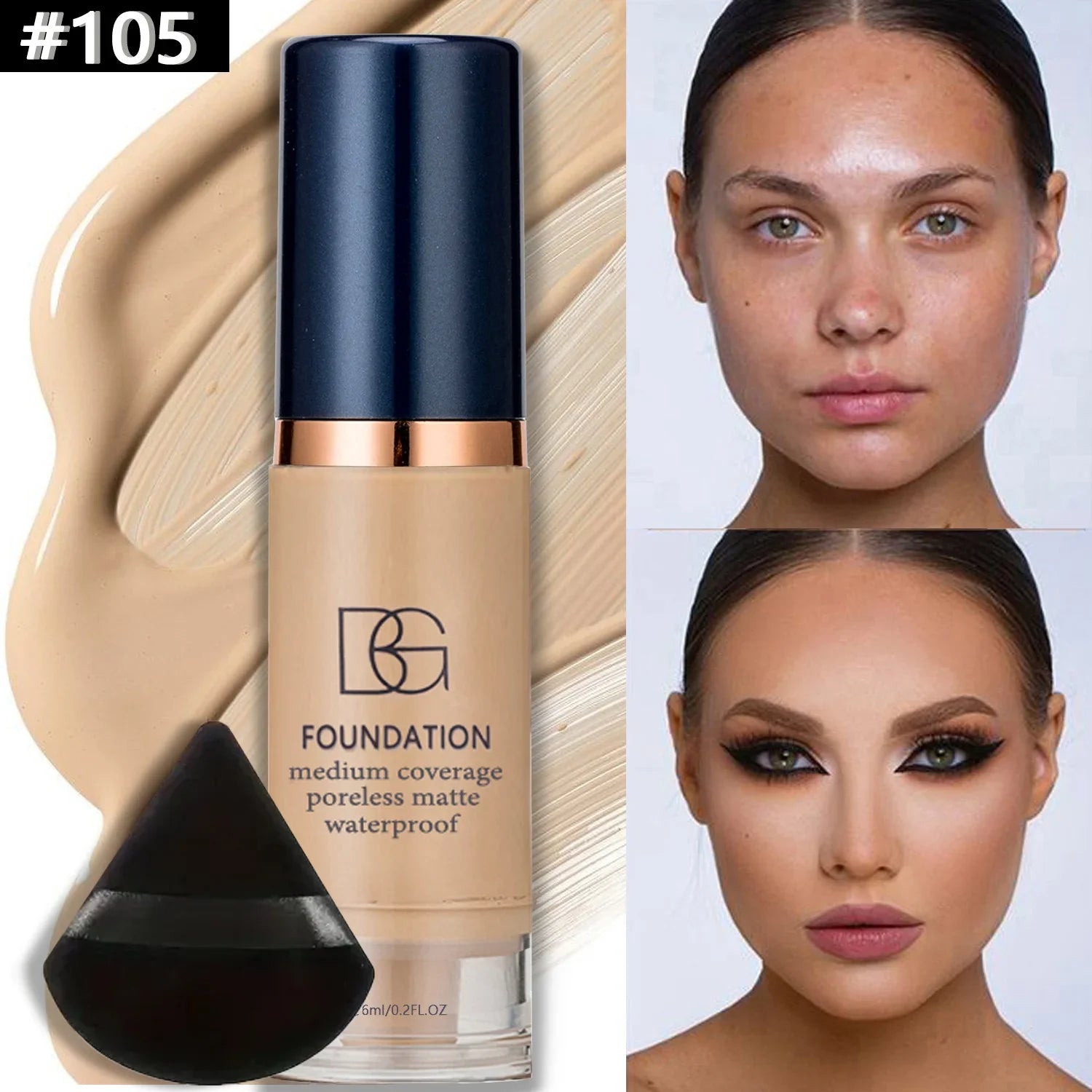 Kit com 2 Bases Líquidas de Cobertura Total + Esponja Triangular Preta – À Prova d’Água, Acabamento Matte de Longa Duração, Cobertura de Olheiras e Imperfeições