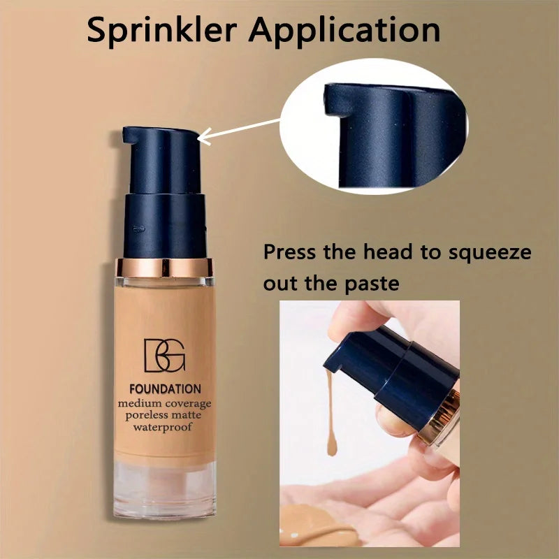 Kit com 2 Bases Líquidas de Cobertura Total + Esponja Triangular Preta – À Prova d’Água, Acabamento Matte de Longa Duração, Cobertura de Olheiras e Imperfeições