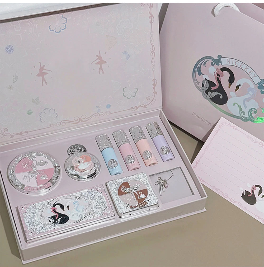Kit de Maquiagem NICEKEY Pink Ballet Completo com 4 Batons Líquidos Matte, Blush, Pó Compacto, Paleta de Sombras, Paleta de Contorno e Colar Brinde. 💄✨
