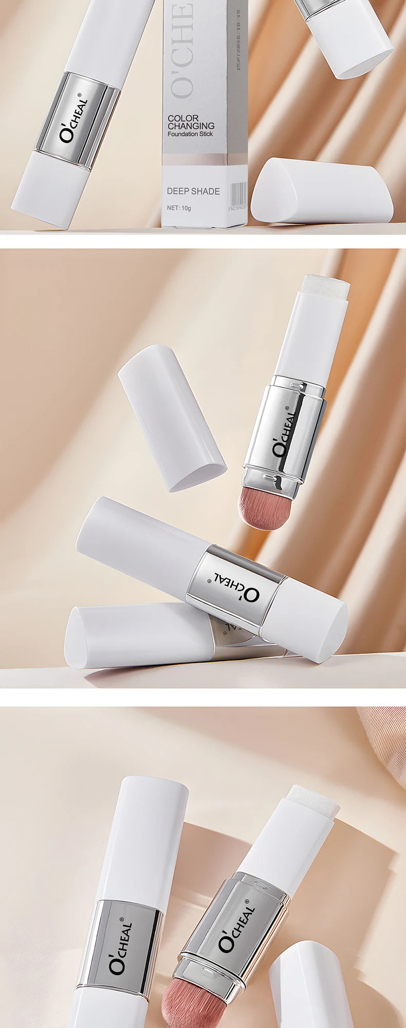 Base em bastão O'CHEAL com mudança de temperatura, cobertura facial, imperfeições, poros, dupla face, acabamento matte.