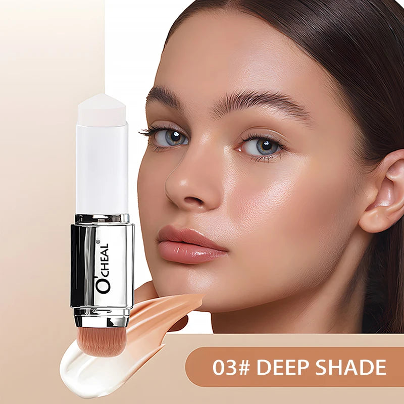 Base em bastão O'CHEAL com mudança de temperatura, cobertura facial, imperfeições, poros, dupla face, acabamento matte.
