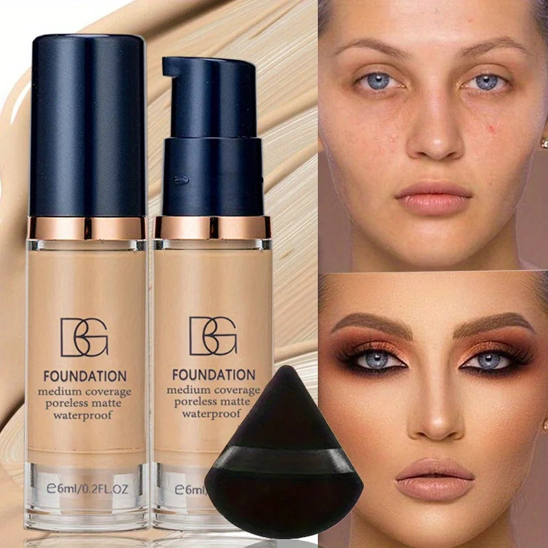 Kit com 2 Bases Líquidas de Cobertura Total + Esponja Triangular Preta – À Prova d’Água, Acabamento Matte de Longa Duração, Cobertura de Olheiras e Imperfeições