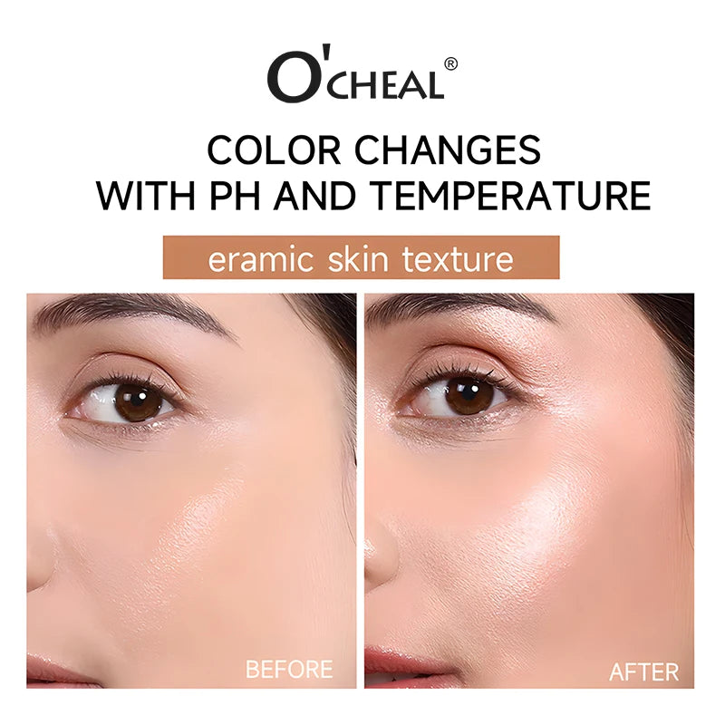Base em bastão O'CHEAL com mudança de temperatura, cobertura facial, imperfeições, poros, dupla face, acabamento matte.