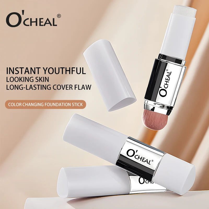 Base em bastão O'CHEAL com mudança de temperatura, cobertura facial, imperfeições, poros, dupla face, acabamento matte.