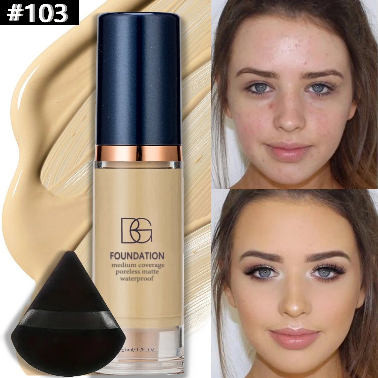 Kit com 2 Bases Líquidas de Cobertura Total + Esponja Triangular Preta – À Prova d’Água, Acabamento Matte de Longa Duração, Cobertura de Olheiras e Imperfeições
