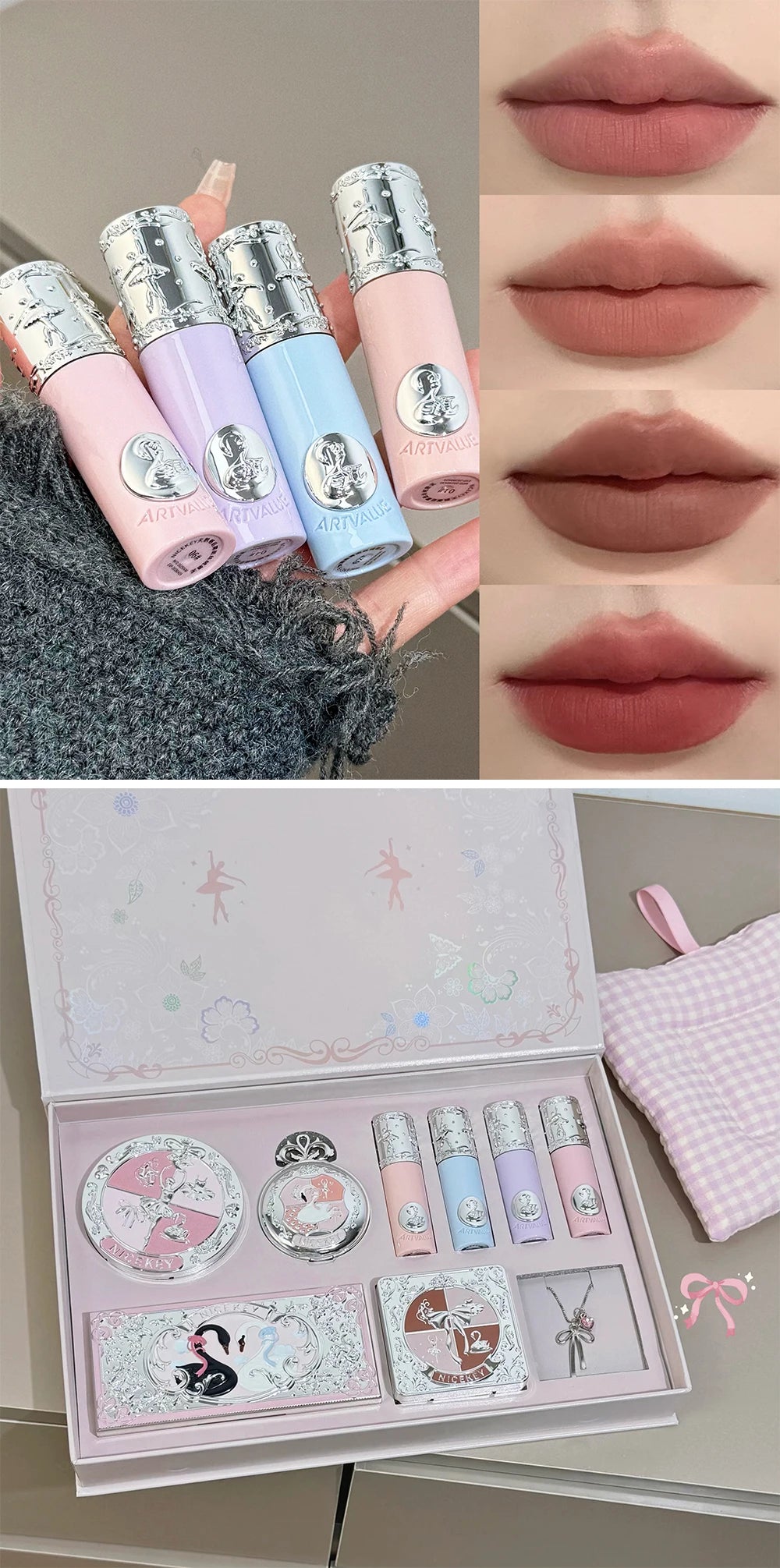Kit de Maquiagem NICEKEY Pink Ballet Completo com 4 Batons Líquidos Matte, Blush, Pó Compacto, Paleta de Sombras, Paleta de Contorno e Colar Brinde. 💄✨