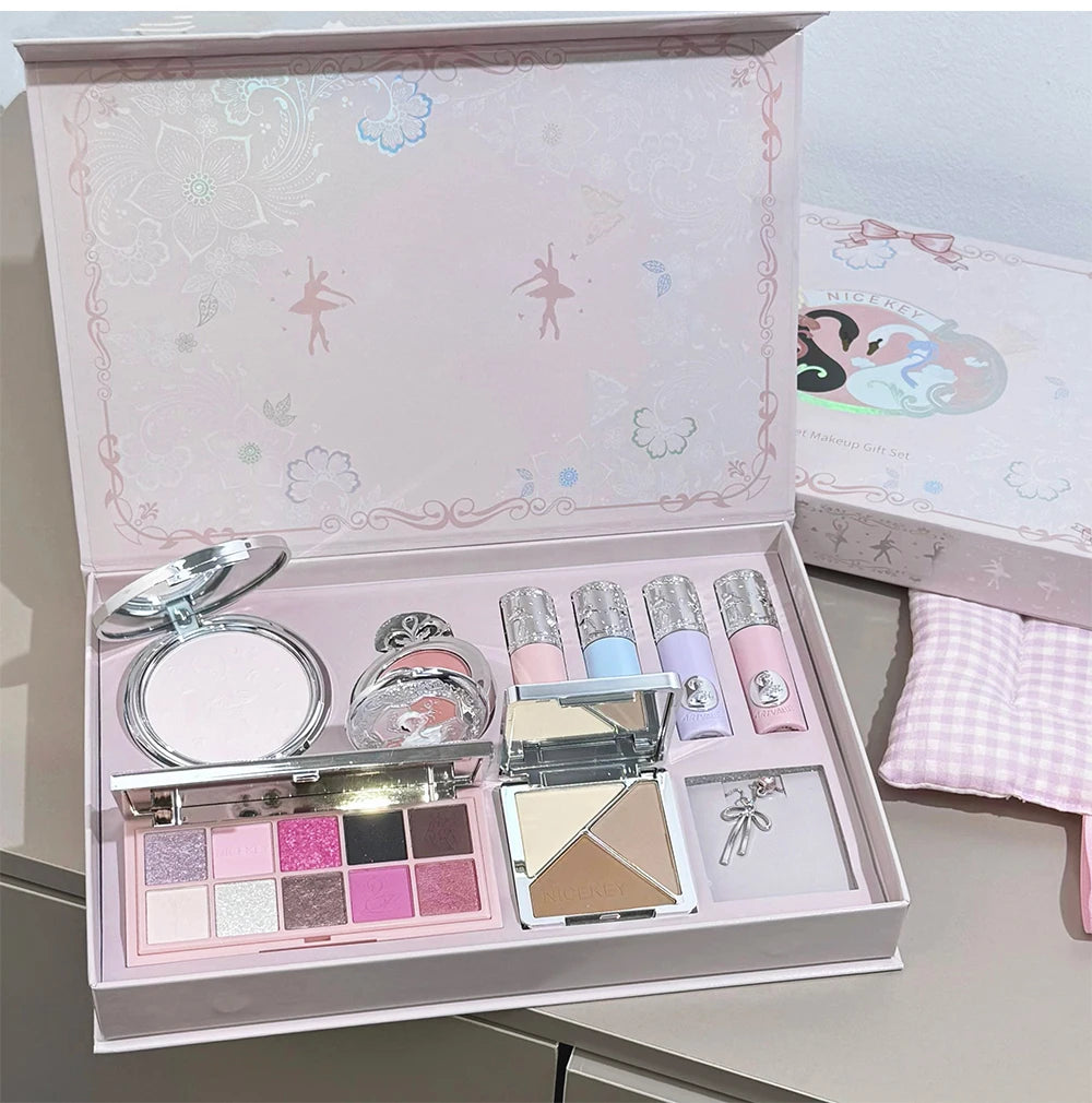Kit de Maquiagem NICEKEY Pink Ballet Completo com 4 Batons Líquidos Matte, Blush, Pó Compacto, Paleta de Sombras, Paleta de Contorno e Colar Brinde. 💄✨