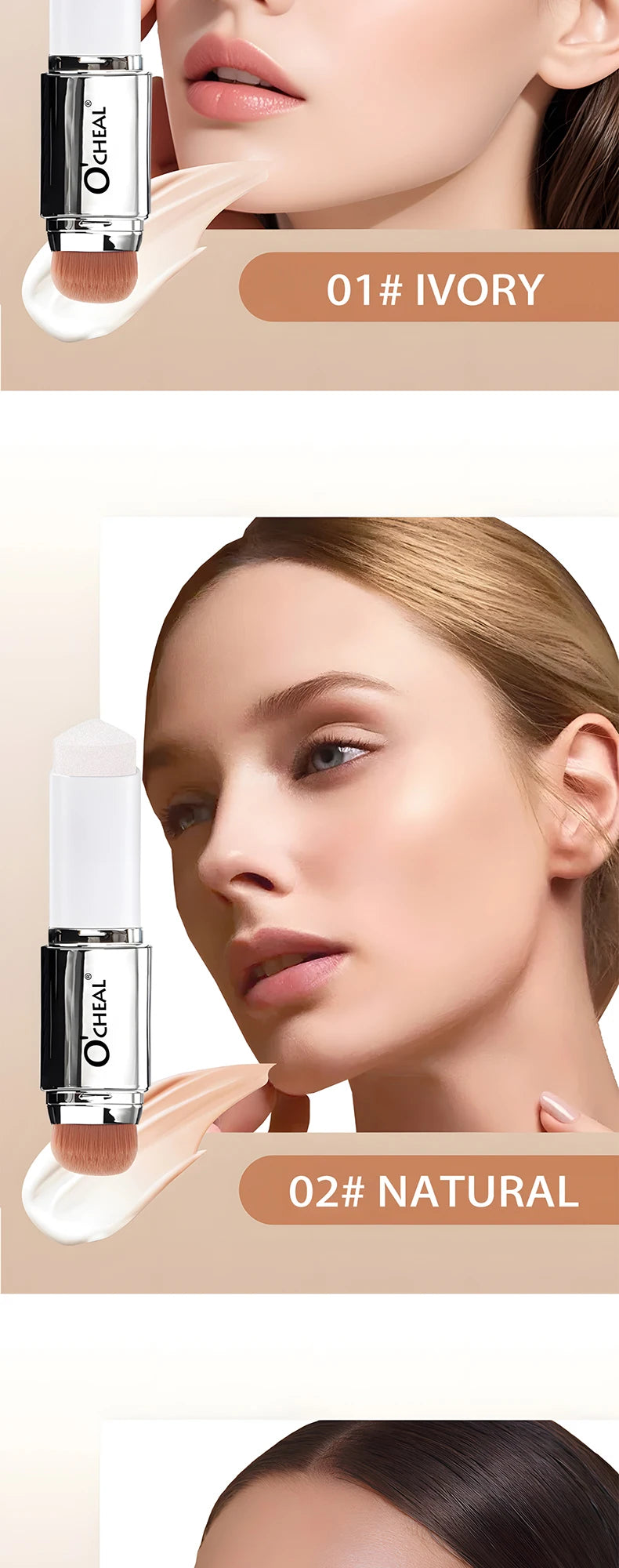 Base em bastão O'CHEAL com mudança de temperatura, cobertura facial, imperfeições, poros, dupla face, acabamento matte.