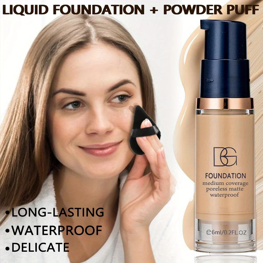 Kit com 2 Bases Líquidas de Cobertura Total + Esponja Triangular Preta – À Prova d’Água, Acabamento Matte de Longa Duração, Cobertura de Olheiras e Imperfeições
