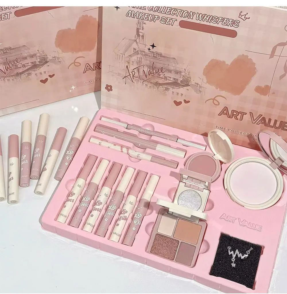 💄 Kit Completo de Maquiagem com 13 Itens: 4 Glosses Labiais, Óleo Labial, Creme Labial, Delineador, Máscara de Cílios, Caneta para Sobrancelhas, Blush, Iluminador, Paleta de Sombras e Pó Compacto. ✨