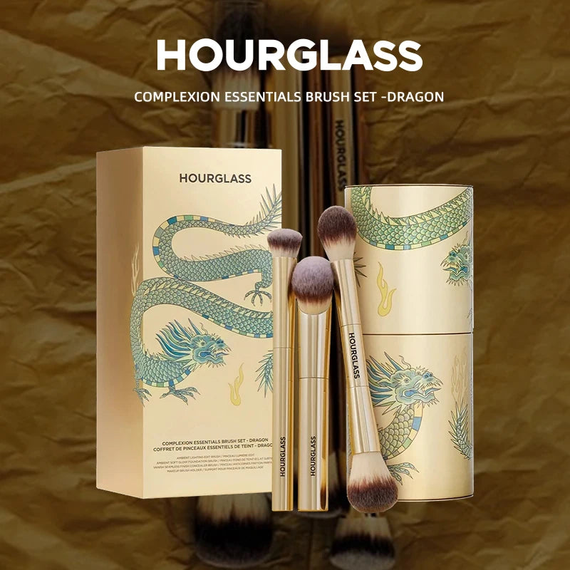 Kit de Pincéis HOURGLASS Complexion Essentials – Série Dragão com 3 Pincéis de Maquiagem, Caixa de Embalagem e Porta-Pincéis