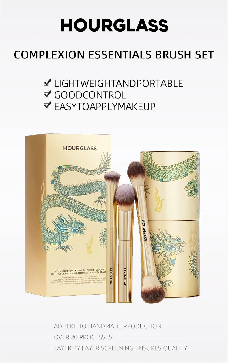 Kit de Pincéis HOURGLASS Complexion Essentials – Série Dragão com 3 Pincéis de Maquiagem, Caixa de Embalagem e Porta-Pincéis