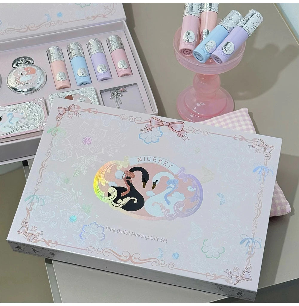 Kit de Maquiagem NICEKEY Pink Ballet Completo com 4 Batons Líquidos Matte, Blush, Pó Compacto, Paleta de Sombras, Paleta de Contorno e Colar Brinde. 💄✨