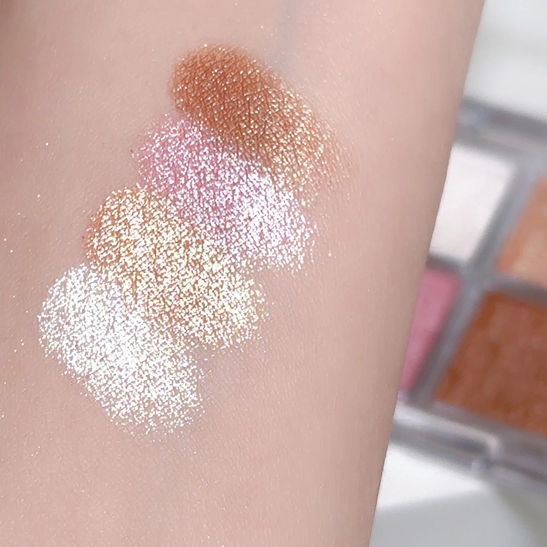 Paleta de Iluminadores Faciais com 4 Cores, Pó Assado Suave com Brilho Perolado, Maquiagem Iluminadora de Longa Duração