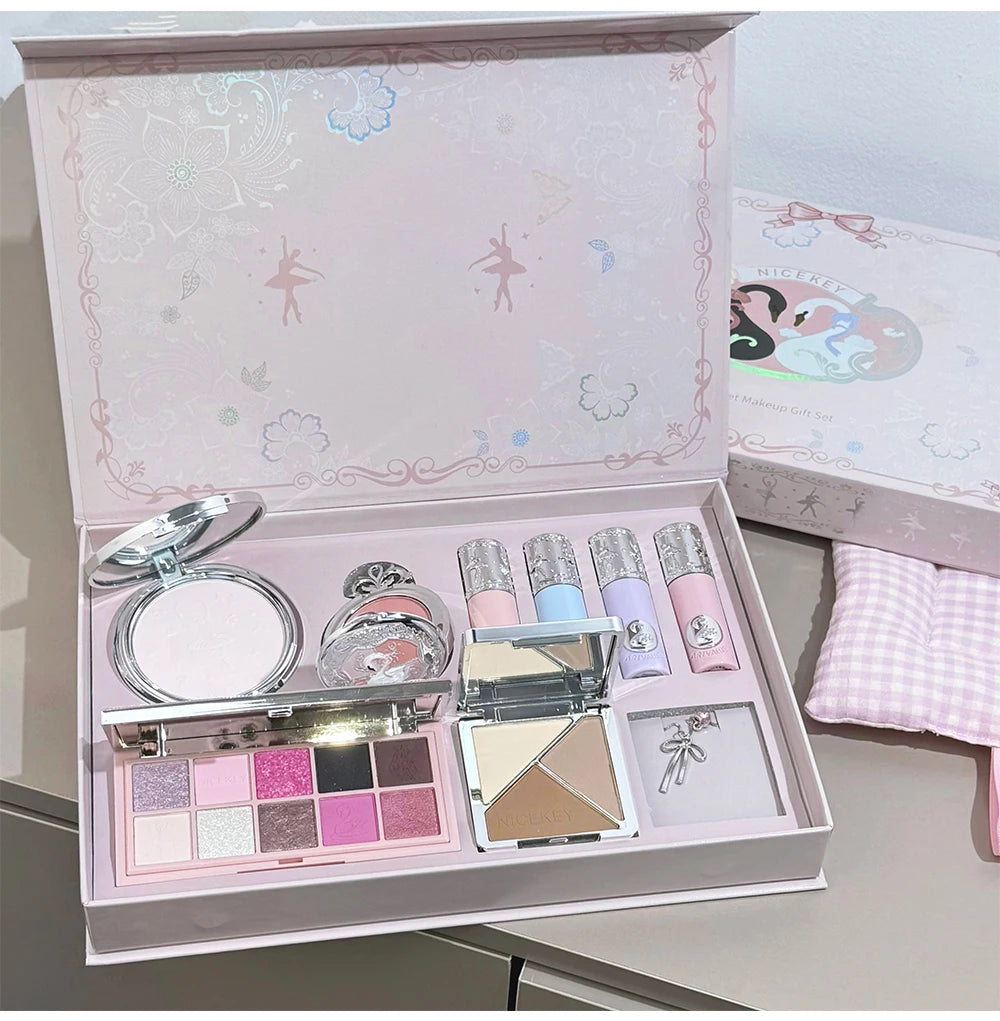 Kit de Maquiagem NICEKEY Pink Ballet Completo com 4 Batons Líquidos Matte, Blush, Pó Compacto, Paleta de Sombras, Paleta de Contorno e Colar Brinde. 💄✨