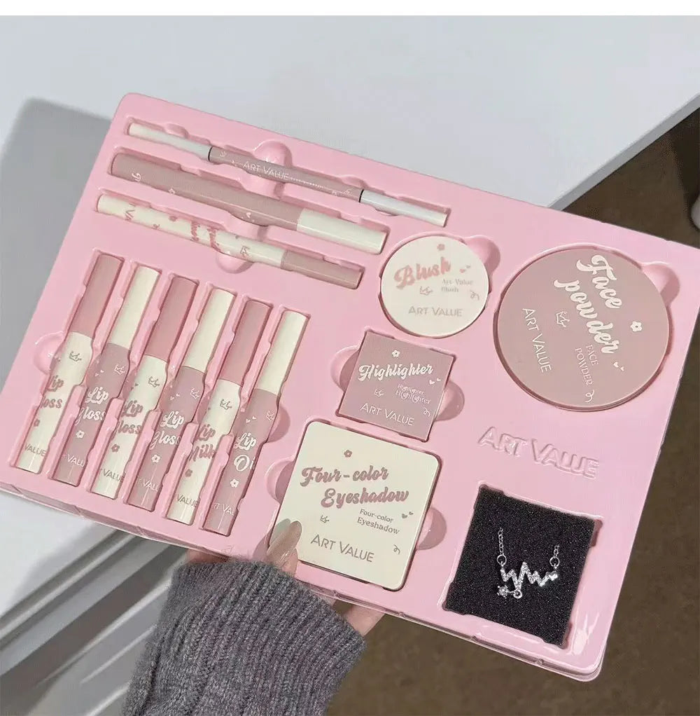 💄 Kit Completo de Maquiagem com 13 Itens: 4 Glosses Labiais, Óleo Labial, Creme Labial, Delineador, Máscara de Cílios, Caneta para Sobrancelhas, Blush, Iluminador, Paleta de Sombras e Pó Compacto. ✨