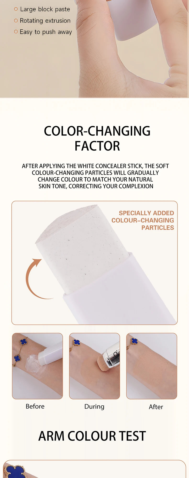 Base em bastão O'CHEAL com mudança de temperatura, cobertura facial, imperfeições, poros, dupla face, acabamento matte.