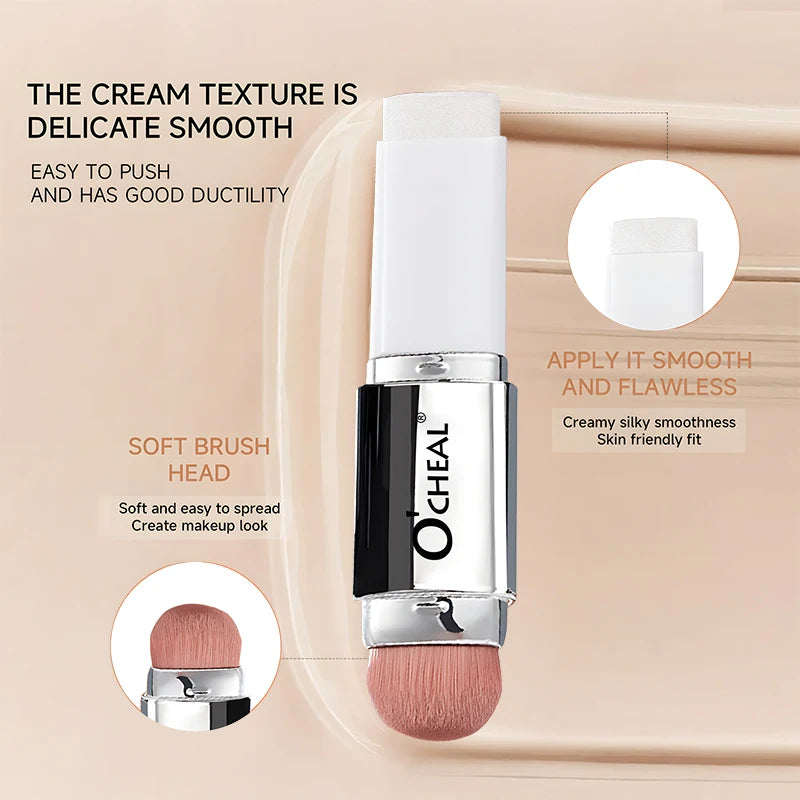 Base em bastão O'CHEAL com mudança de temperatura, cobertura facial, imperfeições, poros, dupla face, acabamento matte.