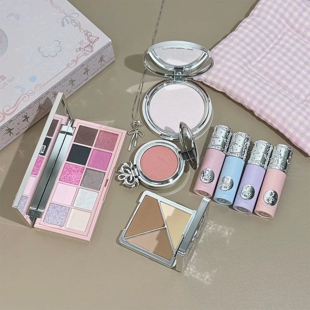 Kit de Maquiagem NICEKEY Pink Ballet Completo com 4 Batons Líquidos Matte, Blush, Pó Compacto, Paleta de Sombras, Paleta de Contorno e Colar Brinde. 💄✨