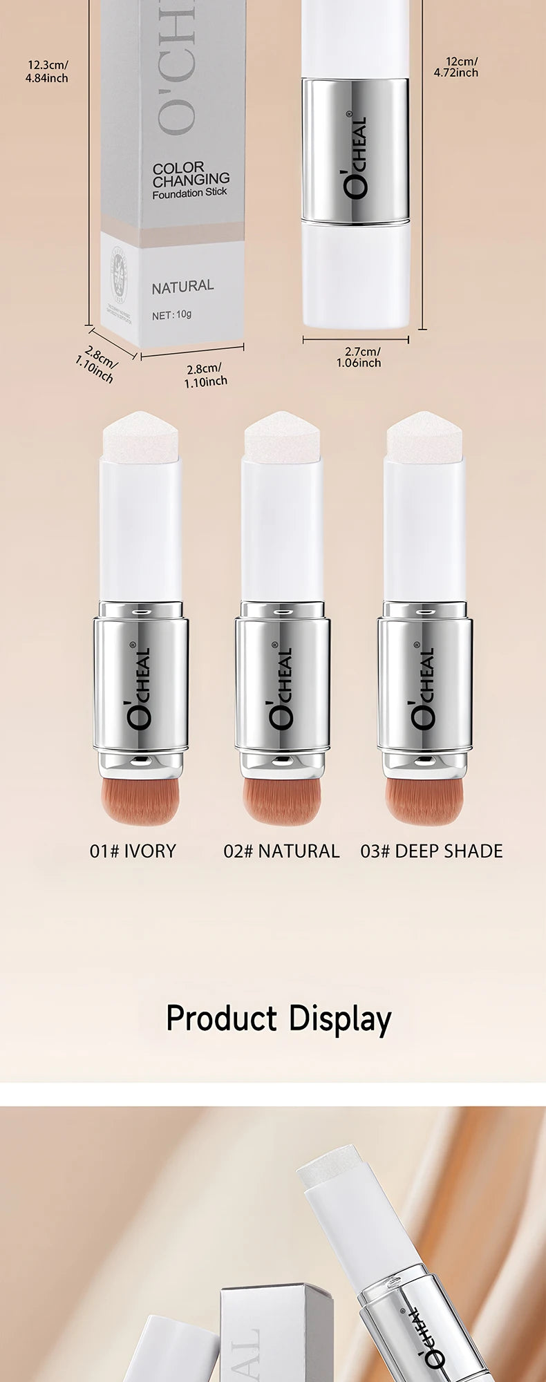 Base em bastão O'CHEAL com mudança de temperatura, cobertura facial, imperfeições, poros, dupla face, acabamento matte.