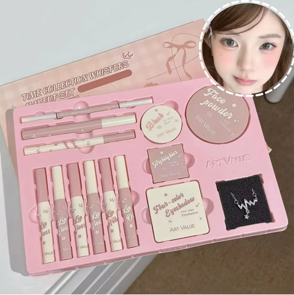 💄 Kit Completo de Maquiagem com 13 Itens: 4 Glosses Labiais, Óleo Labial, Creme Labial, Delineador, Máscara de Cílios, Caneta para Sobrancelhas, Blush, Iluminador, Paleta de Sombras e Pó Compacto. ✨