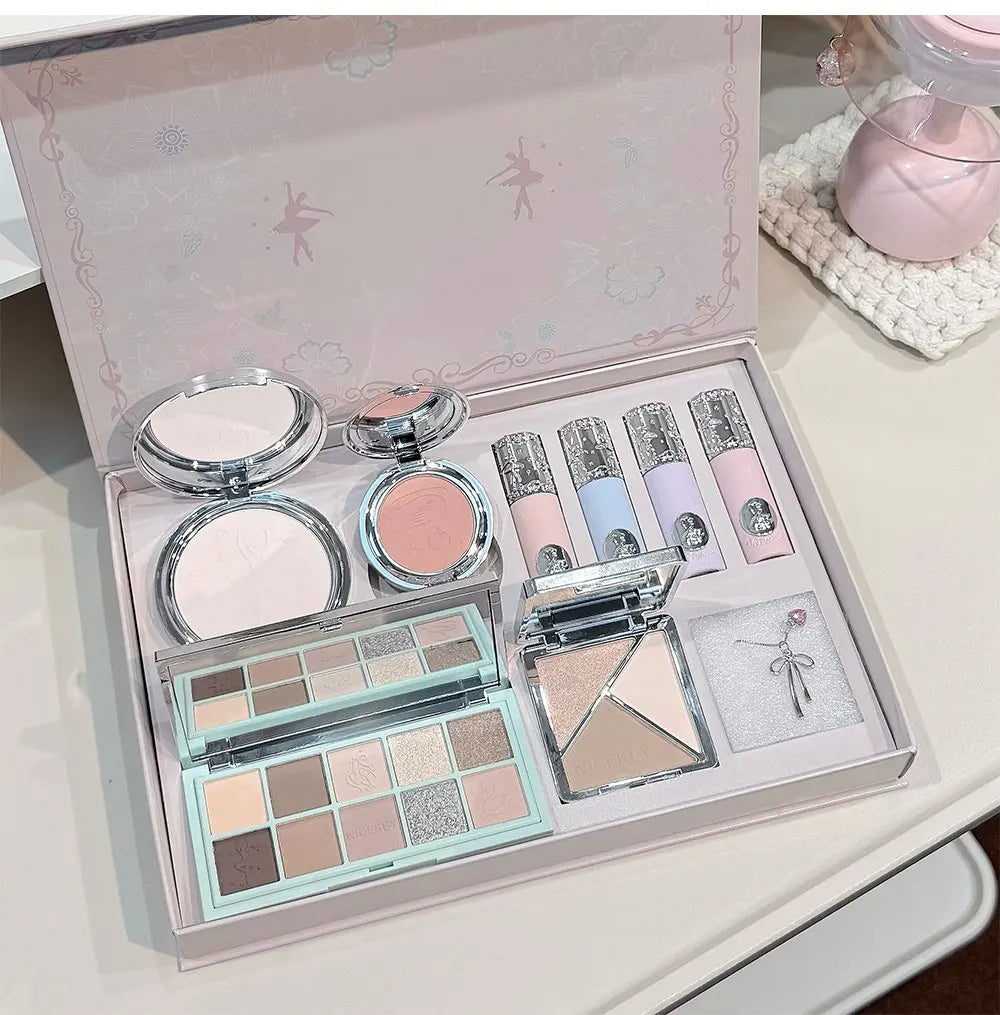Kit de Maquiagem NICEKEY Pink Ballet Completo com 4 Batons Líquidos Matte, Blush, Pó Compacto, Paleta de Sombras, Paleta de Contorno e Colar Brinde. 💄✨