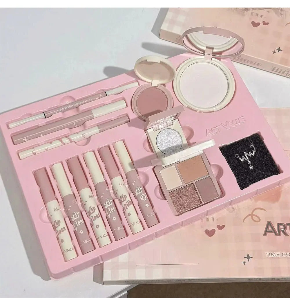 💄 Kit Completo de Maquiagem com 13 Itens: 4 Glosses Labiais, Óleo Labial, Creme Labial, Delineador, Máscara de Cílios, Caneta para Sobrancelhas, Blush, Iluminador, Paleta de Sombras e Pó Compacto. ✨