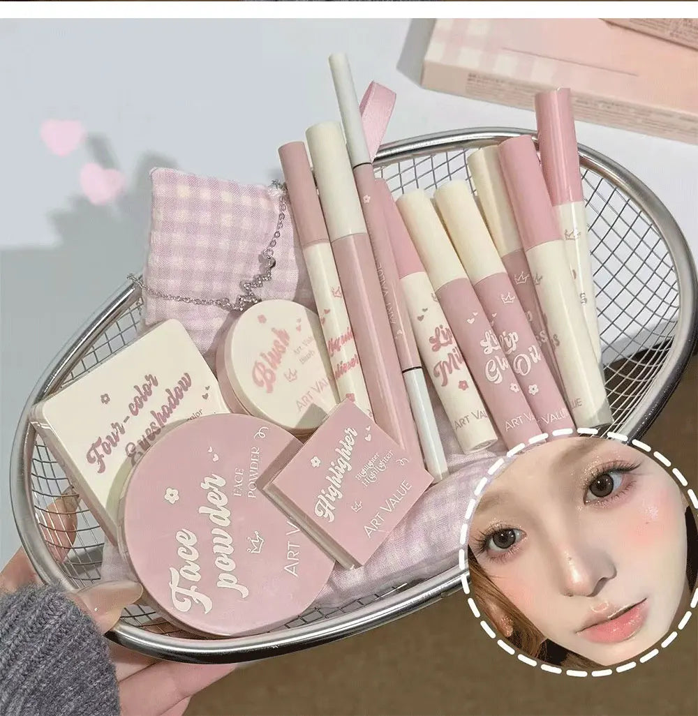 💄 Kit Completo de Maquiagem com 13 Itens: 4 Glosses Labiais, Óleo Labial, Creme Labial, Delineador, Máscara de Cílios, Caneta para Sobrancelhas, Blush, Iluminador, Paleta de Sombras e Pó Compacto. ✨