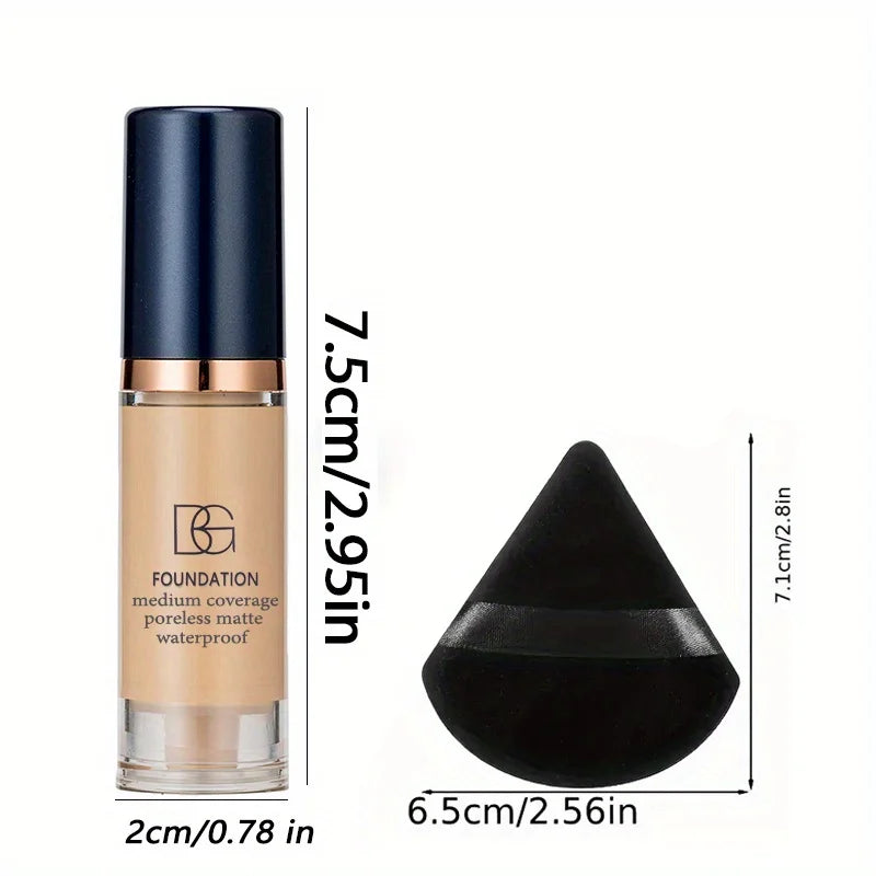 Kit com 2 Bases Líquidas de Cobertura Total + Esponja Triangular Preta – À Prova d’Água, Acabamento Matte de Longa Duração, Cobertura de Olheiras e Imperfeições