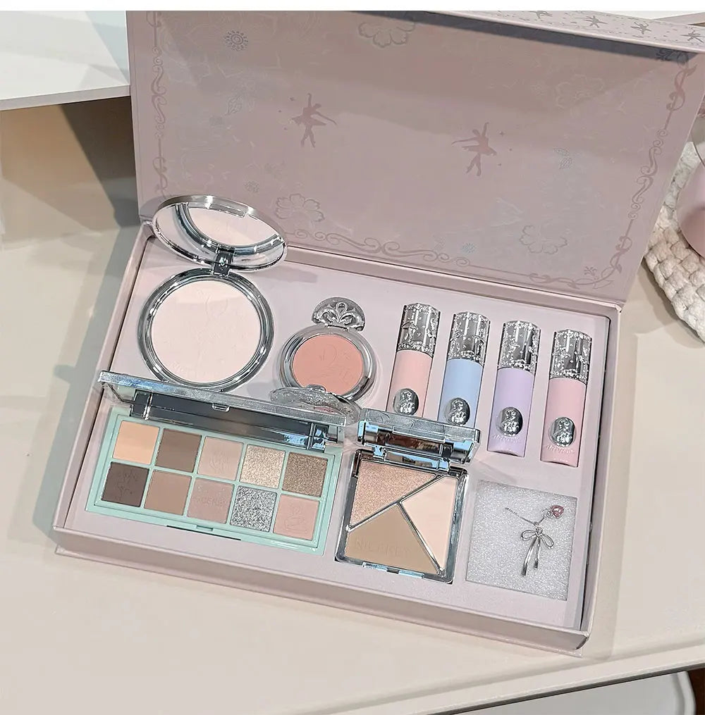 Kit de Maquiagem NICEKEY Pink Ballet Completo com 4 Batons Líquidos Matte, Blush, Pó Compacto, Paleta de Sombras, Paleta de Contorno e Colar Brinde. 💄✨