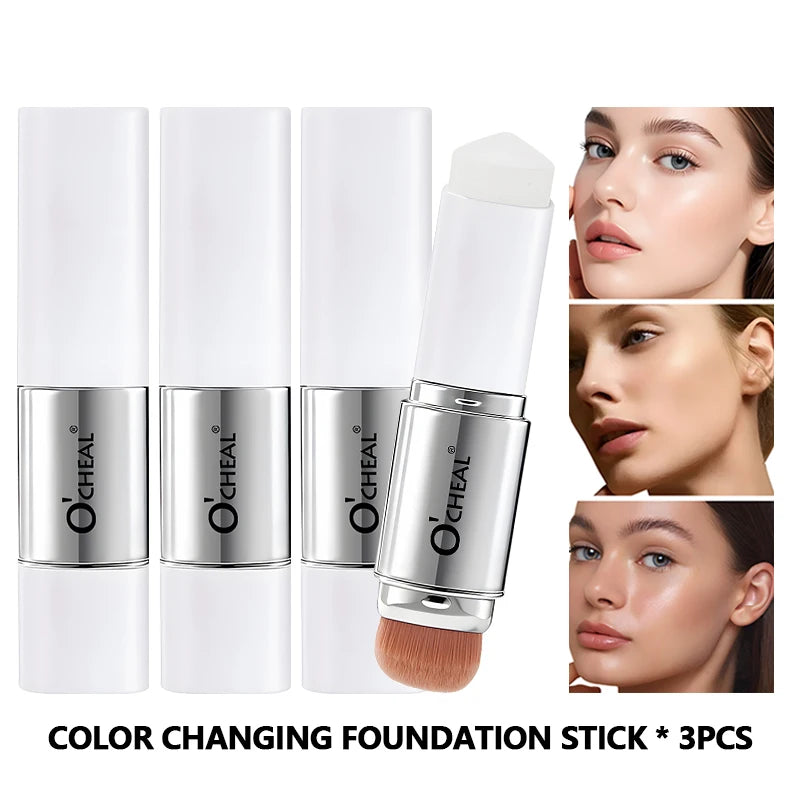 Base em bastão O'CHEAL com mudança de temperatura, cobertura facial, imperfeições, poros, dupla face, acabamento matte.