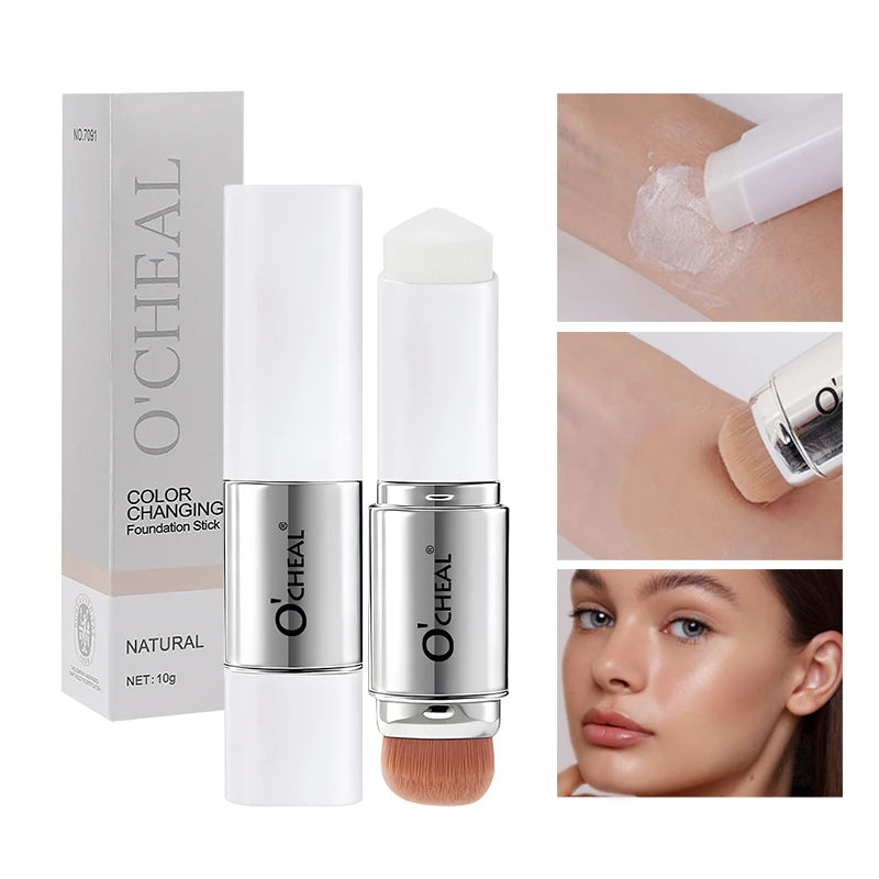 Base em bastão O'CHEAL com mudança de temperatura, cobertura facial, imperfeições, poros, dupla face, acabamento matte.