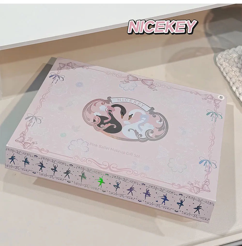 Kit de Maquiagem NICEKEY Pink Ballet Completo com 4 Batons Líquidos Matte, Blush, Pó Compacto, Paleta de Sombras, Paleta de Contorno e Colar Brinde. 💄✨