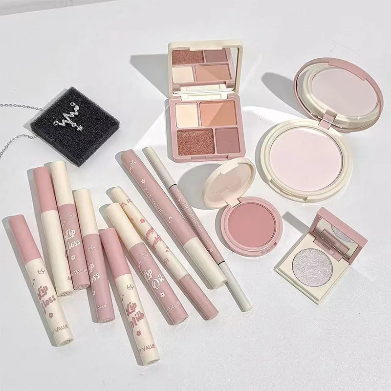 💄 Kit Completo de Maquiagem com 13 Itens: 4 Glosses Labiais, Óleo Labial, Creme Labial, Delineador, Máscara de Cílios, Caneta para Sobrancelhas, Blush, Iluminador, Paleta de Sombras e Pó Compacto. ✨