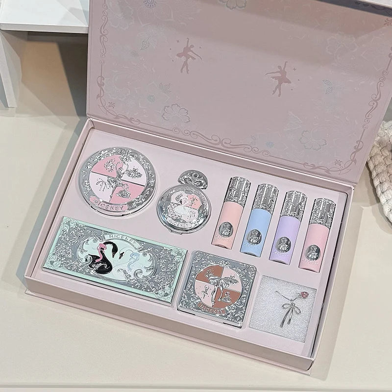 Kit de Maquiagem NICEKEY Pink Ballet Completo com 4 Batons Líquidos Matte, Blush, Pó Compacto, Paleta de Sombras, Paleta de Contorno e Colar Brinde. 💄✨
