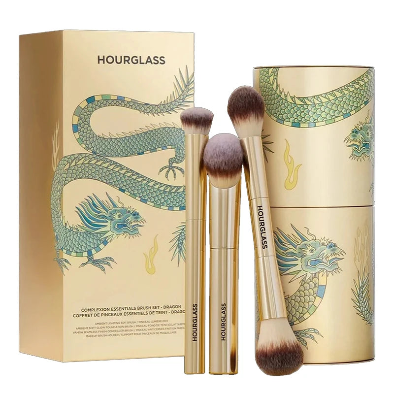 Kit de Pincéis HOURGLASS Complexion Essentials – Série Dragão com 3 Pincéis de Maquiagem, Caixa de Embalagem e Porta-Pincéis