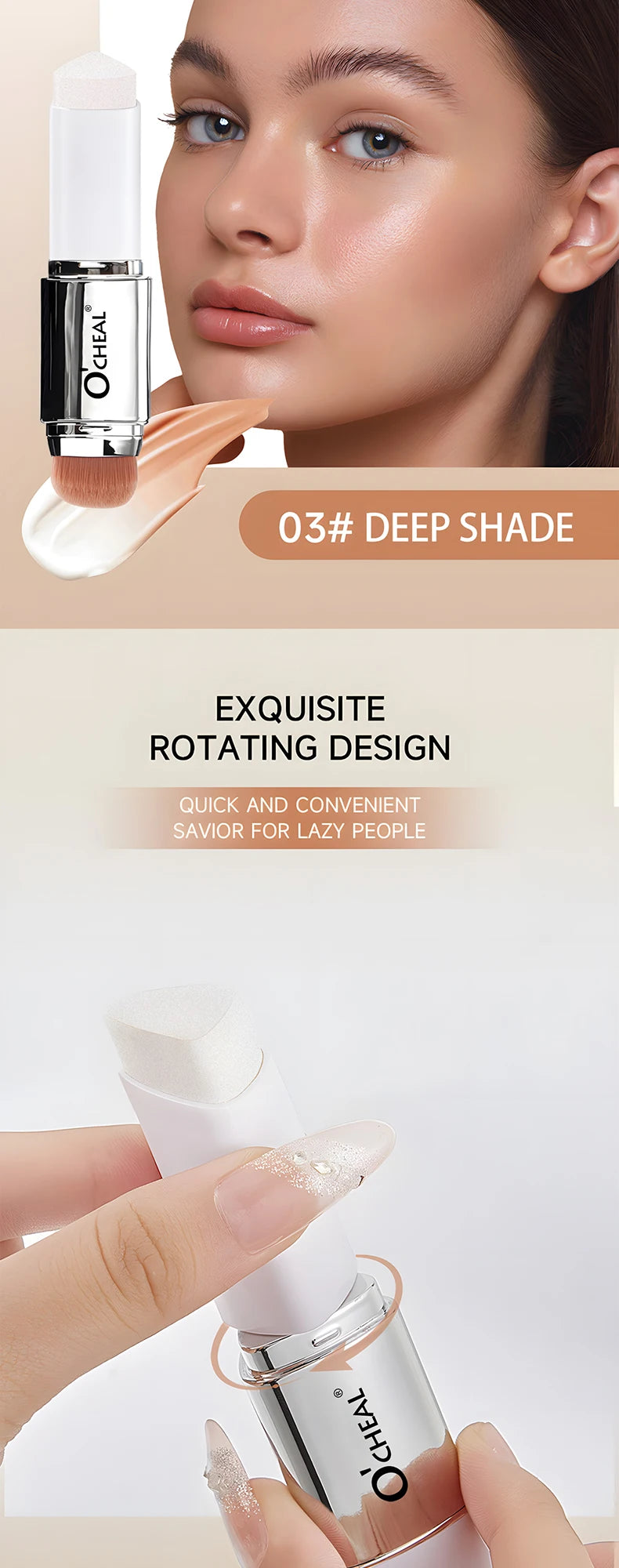 Base em bastão O'CHEAL com mudança de temperatura, cobertura facial, imperfeições, poros, dupla face, acabamento matte.