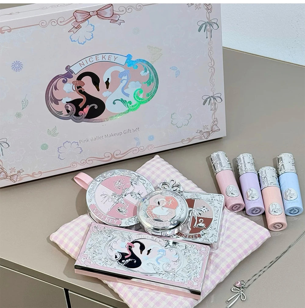 Kit de Maquiagem NICEKEY Pink Ballet Completo com 4 Batons Líquidos Matte, Blush, Pó Compacto, Paleta de Sombras, Paleta de Contorno e Colar Brinde. 💄✨