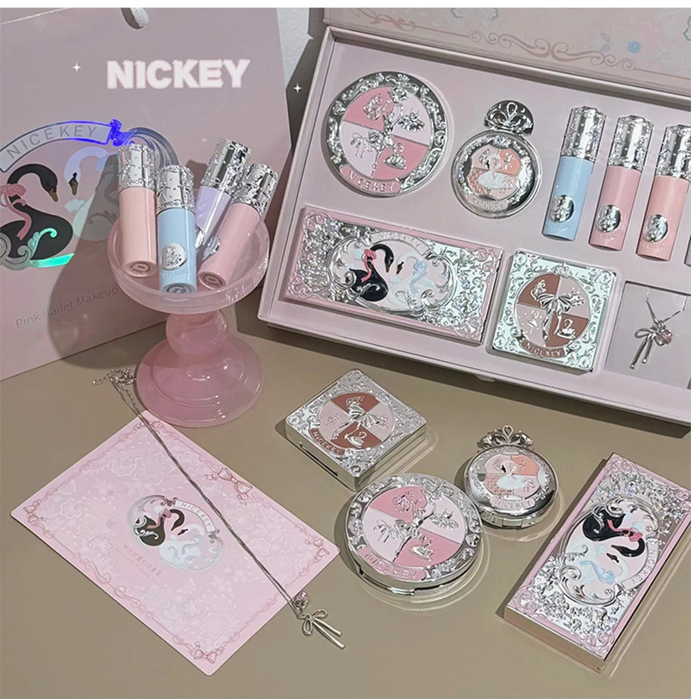 Kit de Maquiagem NICEKEY Pink Ballet Completo com 4 Batons Líquidos Matte, Blush, Pó Compacto, Paleta de Sombras, Paleta de Contorno e Colar Brinde. 💄✨