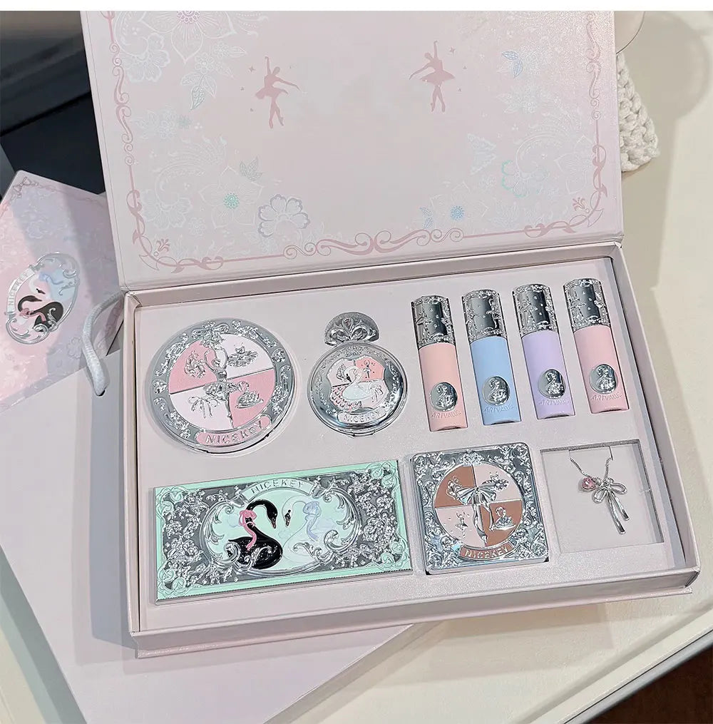 Kit de Maquiagem NICEKEY Pink Ballet Completo com 4 Batons Líquidos Matte, Blush, Pó Compacto, Paleta de Sombras, Paleta de Contorno e Colar Brinde. 💄✨