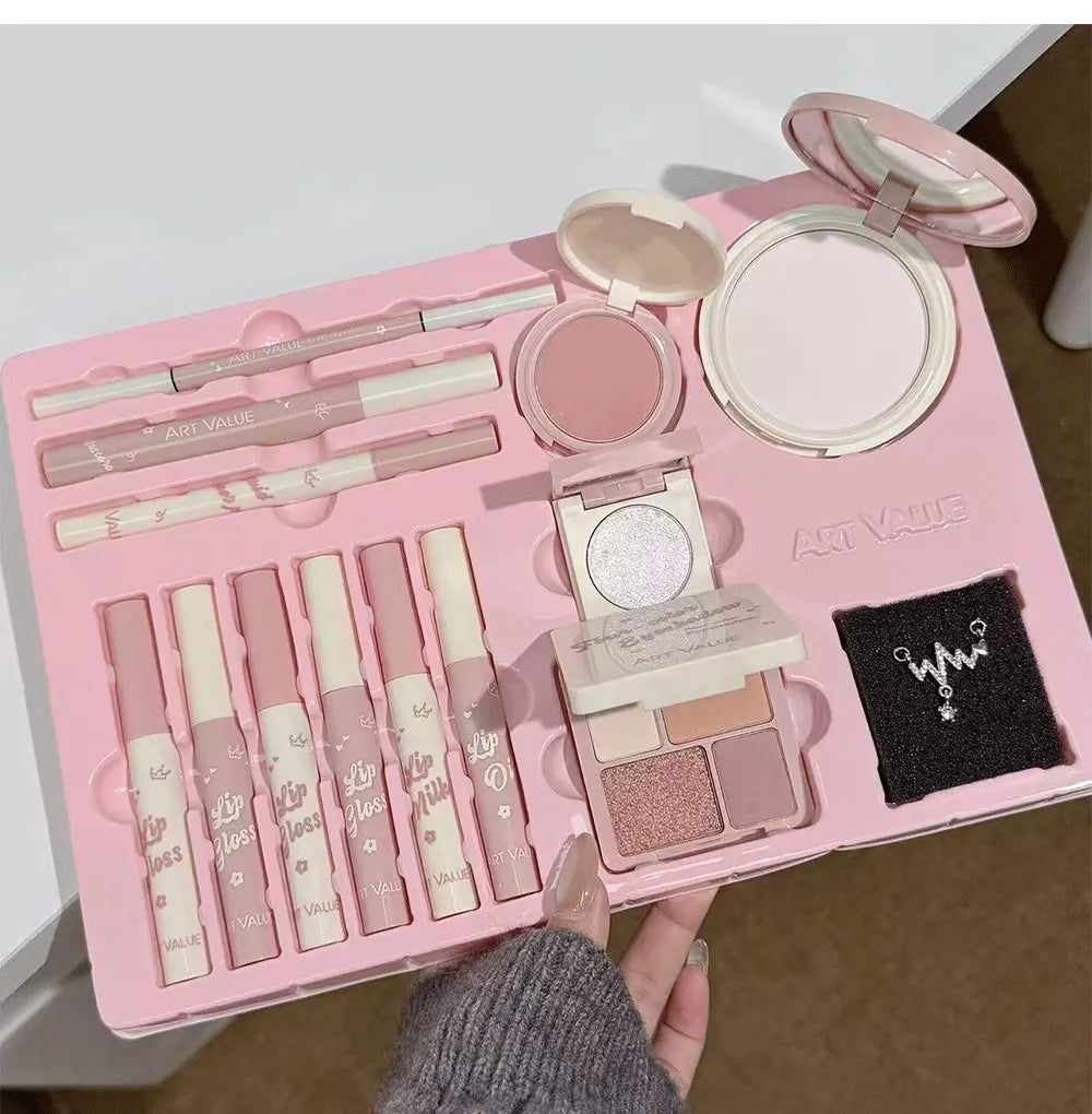 💄 Kit Completo de Maquiagem com 13 Itens: 4 Glosses Labiais, Óleo Labial, Creme Labial, Delineador, Máscara de Cílios, Caneta para Sobrancelhas, Blush, Iluminador, Paleta de Sombras e Pó Compacto. ✨