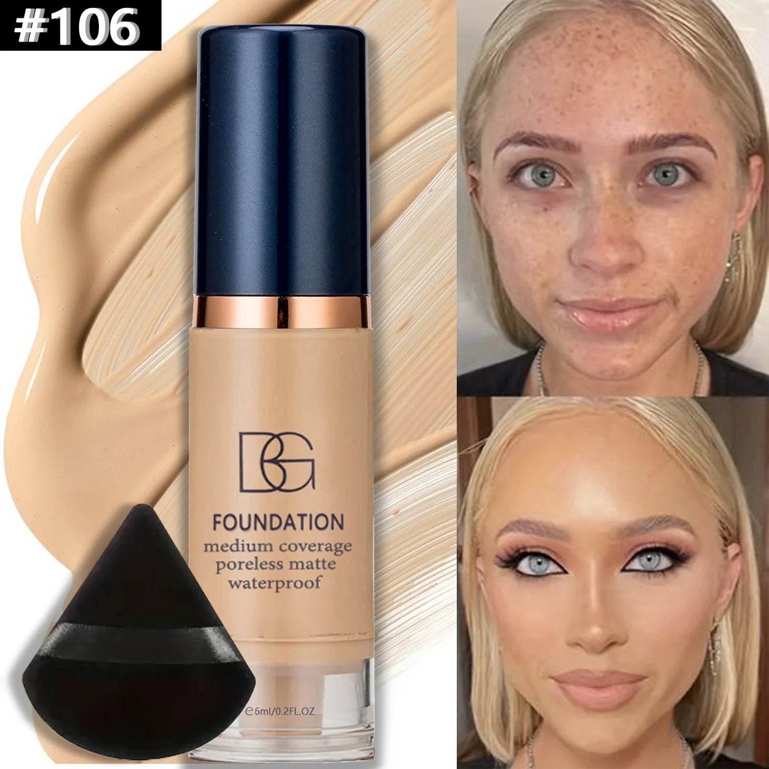 Kit com 2 Bases Líquidas de Cobertura Total + Esponja Triangular Preta – À Prova d’Água, Acabamento Matte de Longa Duração, Cobertura de Olheiras e Imperfeições