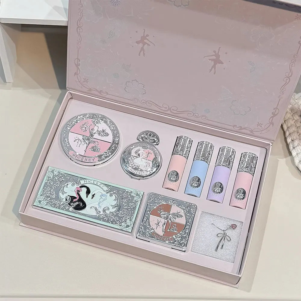 Kit de Maquiagem NICEKEY Pink Ballet Completo com 4 Batons Líquidos Matte, Blush, Pó Compacto, Paleta de Sombras, Paleta de Contorno e Colar Brinde. 💄✨