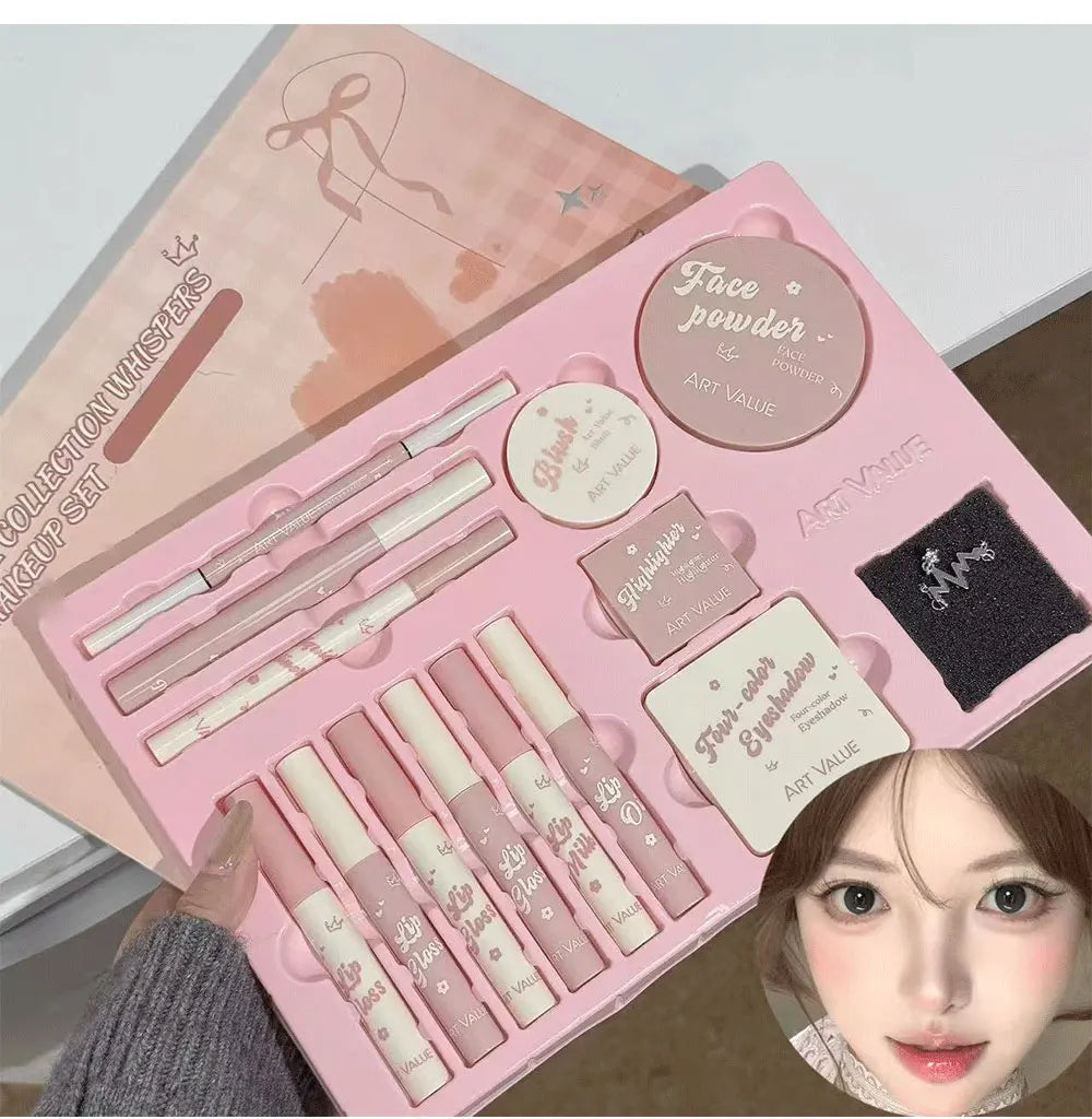 💄 Kit Completo de Maquiagem com 13 Itens: 4 Glosses Labiais, Óleo Labial, Creme Labial, Delineador, Máscara de Cílios, Caneta para Sobrancelhas, Blush, Iluminador, Paleta de Sombras e Pó Compacto. ✨