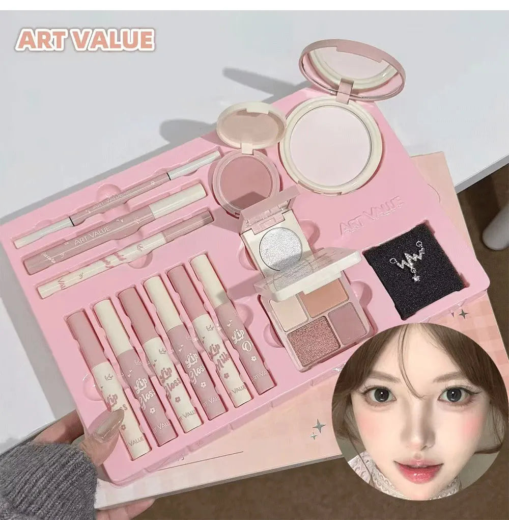 💄 Kit Completo de Maquiagem com 13 Itens: 4 Glosses Labiais, Óleo Labial, Creme Labial, Delineador, Máscara de Cílios, Caneta para Sobrancelhas, Blush, Iluminador, Paleta de Sombras e Pó Compacto. ✨