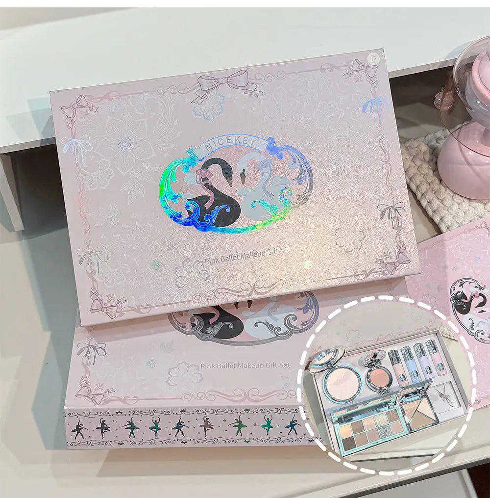 Kit de Maquiagem NICEKEY Pink Ballet Completo com 4 Batons Líquidos Matte, Blush, Pó Compacto, Paleta de Sombras, Paleta de Contorno e Colar Brinde. 💄✨